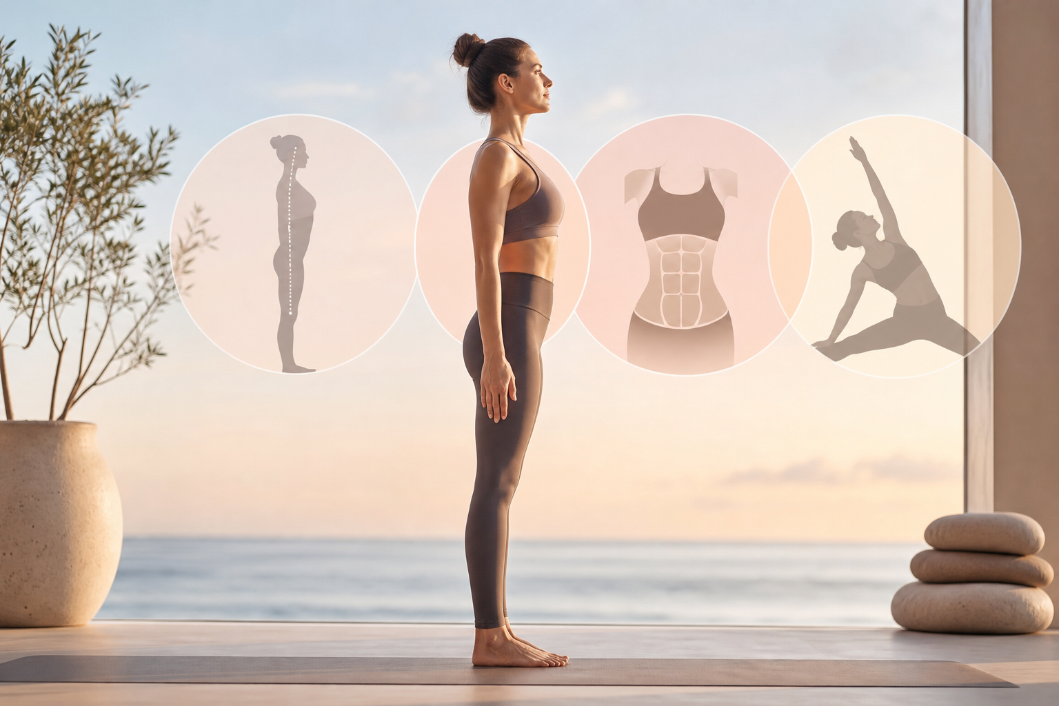 Conceptual illustration showing the benefits of pilates: improved posture, toned core muscles, and f