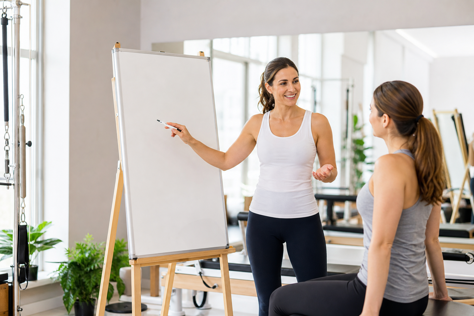 A friendly female instructor explaining pilates concepts to a beginner student in a bright studio, u
