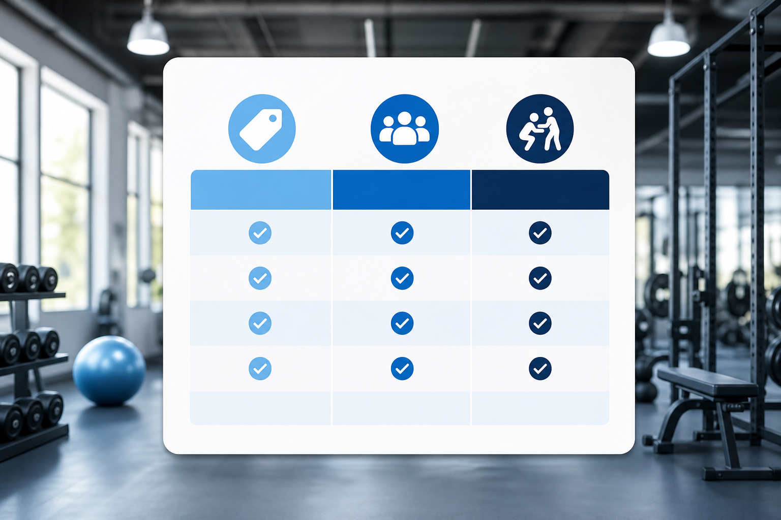 A clear and professional infographic showing a comparison chart between different fitness studio fea
