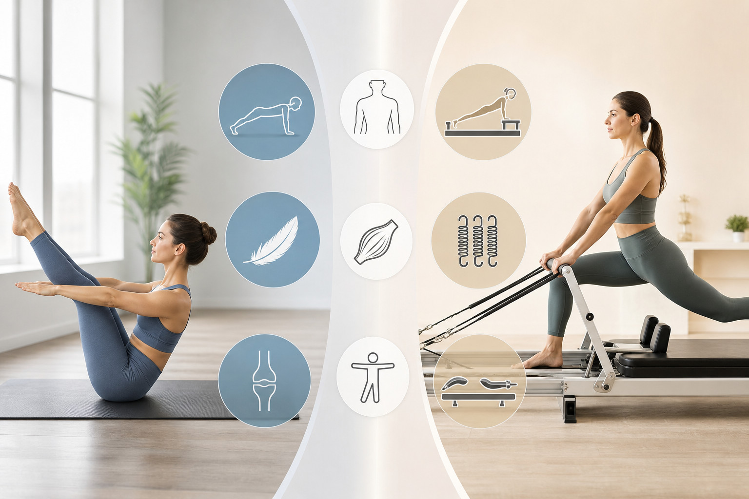 A professional infographic style illustration comparing 'Mat Pilates' and 'Machine Pilates' side by