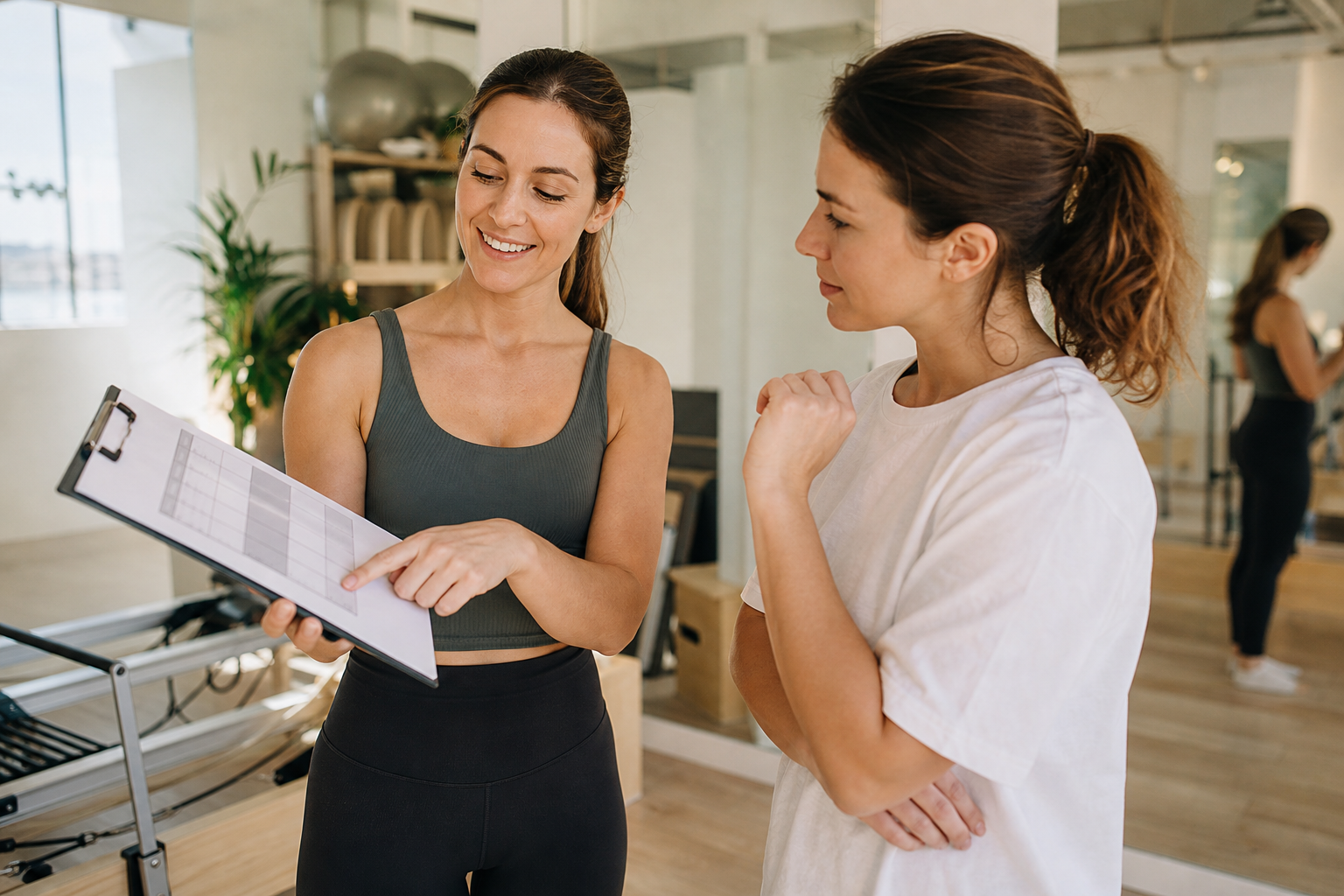 An illustration of a friendly female instructor explaining a studio comparison list to a woman, in a