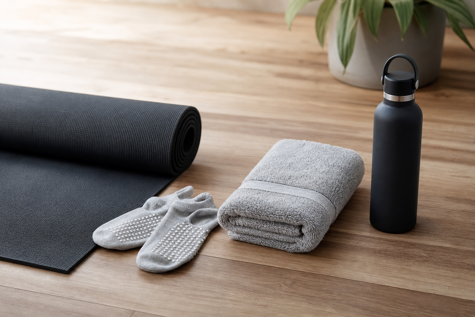 An illustration showing essential items for a pilates lesson: a pilates mat, grippy socks, a towel,