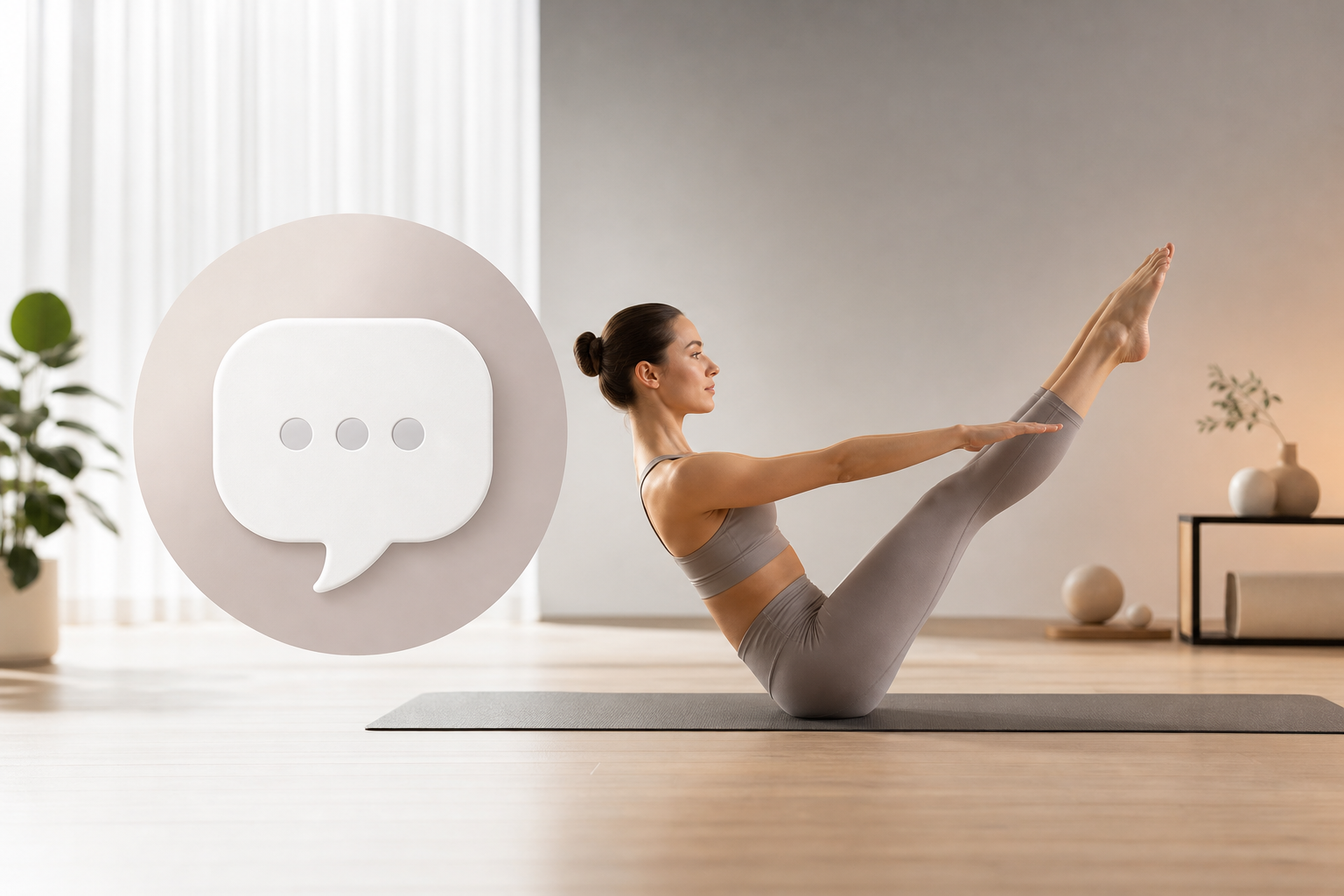 A conceptual illustration for Q&A about pilates, featuring a clean speech bubble icon next to a silh