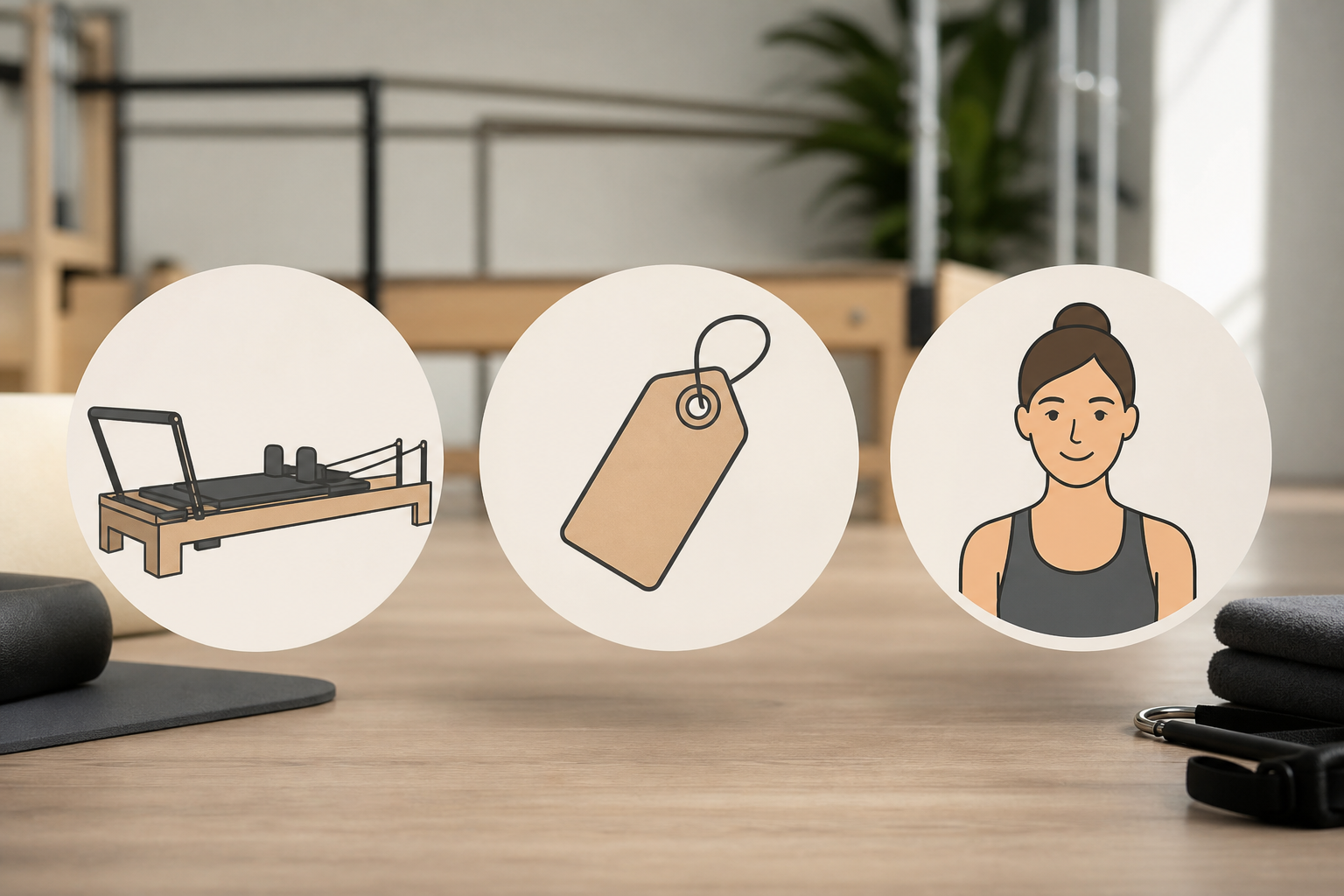 Conceptual illustration showing three distinct icons representing Pilates key selection factors: a r