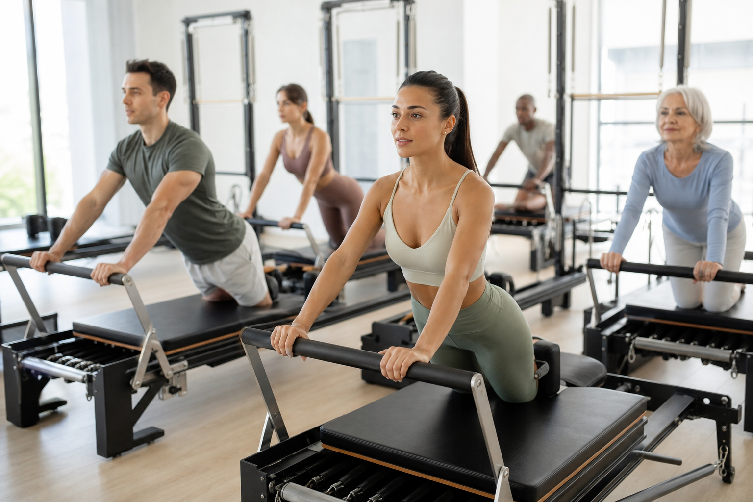 A diverse group of healthy, active people of various ages and genders engaging in machine pilates in