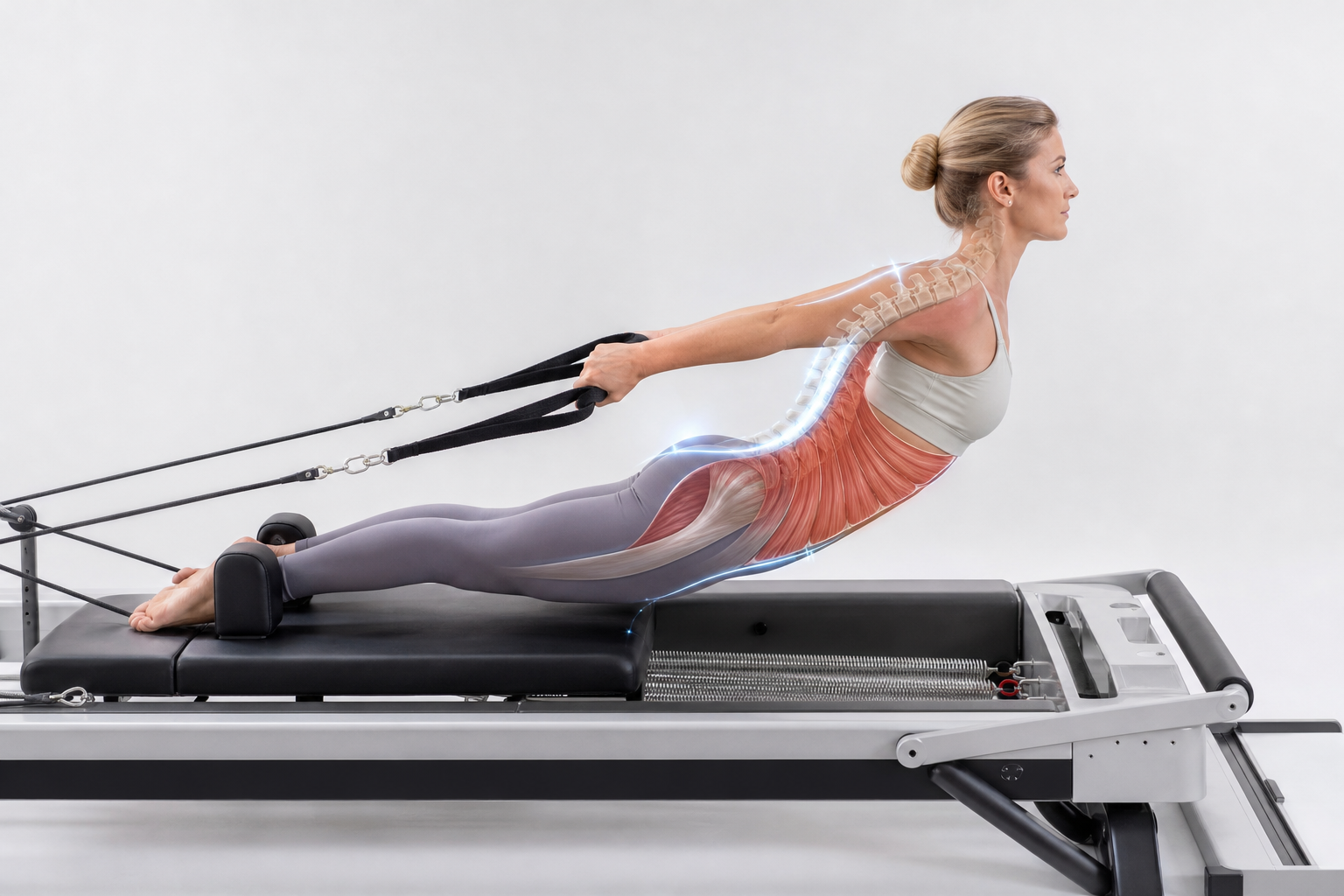 An anatomical illustration showing a person using a Pilates reformer machine, highlighting the conne