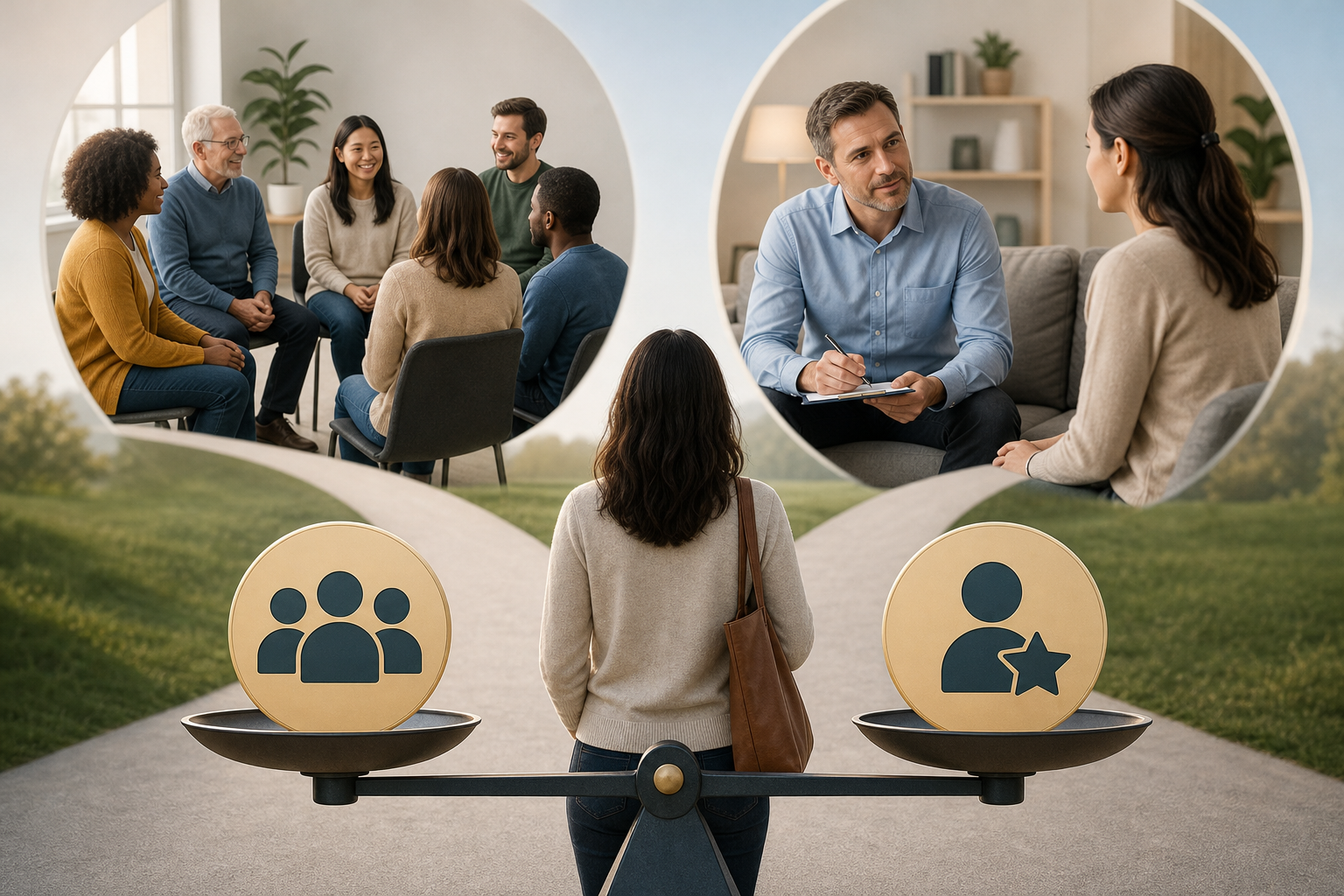 An educational infographic illustration showing a person choosing between two paths: a group class w