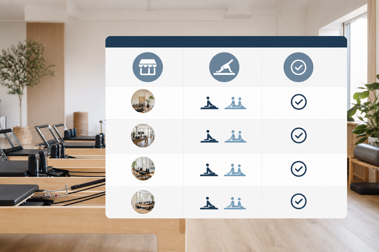 A clear, professional comparison table graphic titled 'Pilates Studio Comparison'. The chart shows c