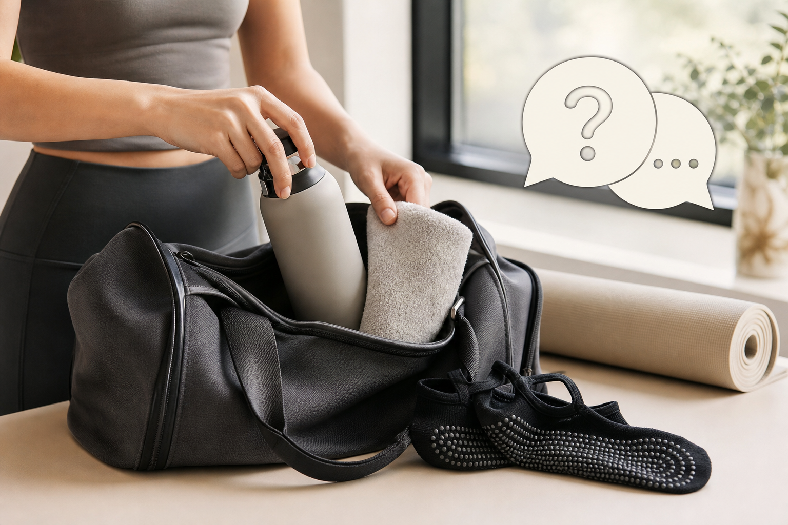 A minimalist and modern illustration of a person packing a sports bag with a water bottle, a small t