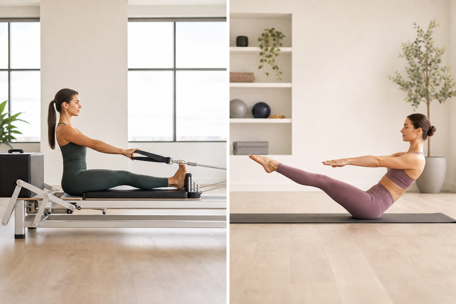 Comparison illustration showing two side-by-side scenes: on the left, a person using a pilates refor