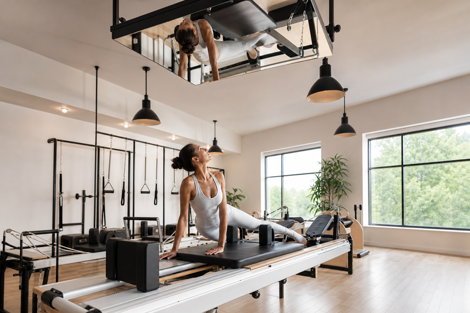Interior view of a modern pilates studio featuring ceiling-mounted mirrors above the reformers. A wo