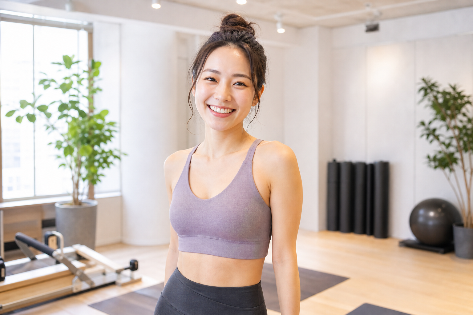横須賀中央エリアでピラティスを楽しむ女性のポートレート。運動ウェアを着て、明るく前向きな表情で、これからピラティスを始めるワクワク感と活気を感じさせるイメージ画像。スタジオの清潔感がある背景。