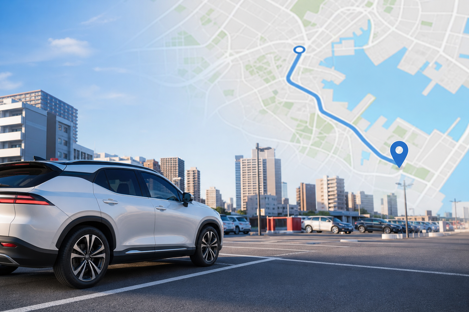 車でのアクセスをイメージさせる、都市部の駐車場とスマートな車両のイラスト。地図の一部を背景にあしらい、横須賀中央エリアへの移動の便利さを表現した、実用的で分かりやすい概念的なイラスト。