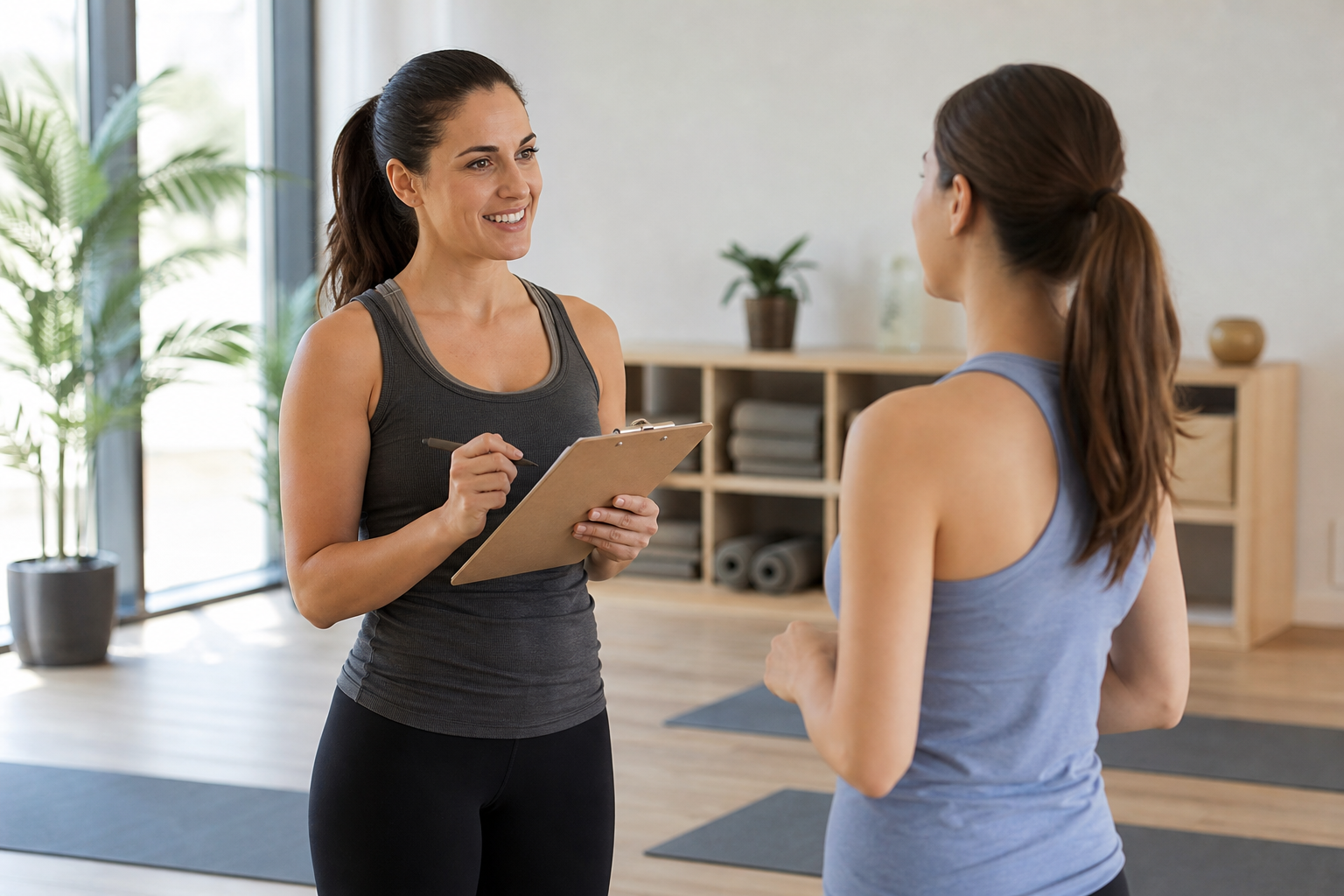A welcoming illustration of a friendly female instructor holding a clipboard, speaking to a beginner