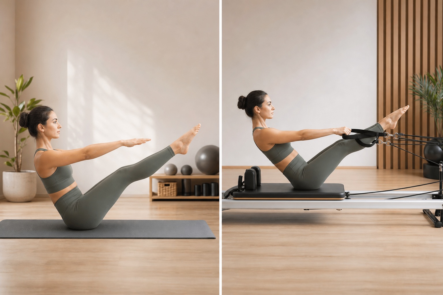 A professional illustration showing the difference between a mat and a reformer machine. A person in