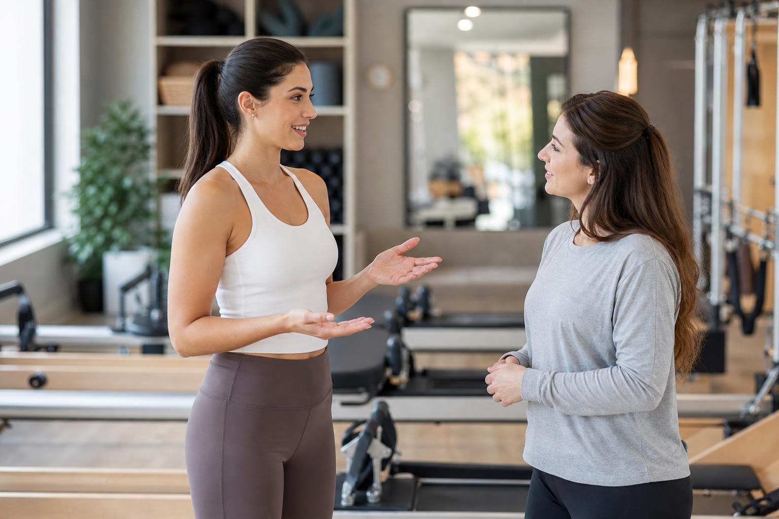 A friendly female Pilates instructor smiling and explaining the features of different studio types t