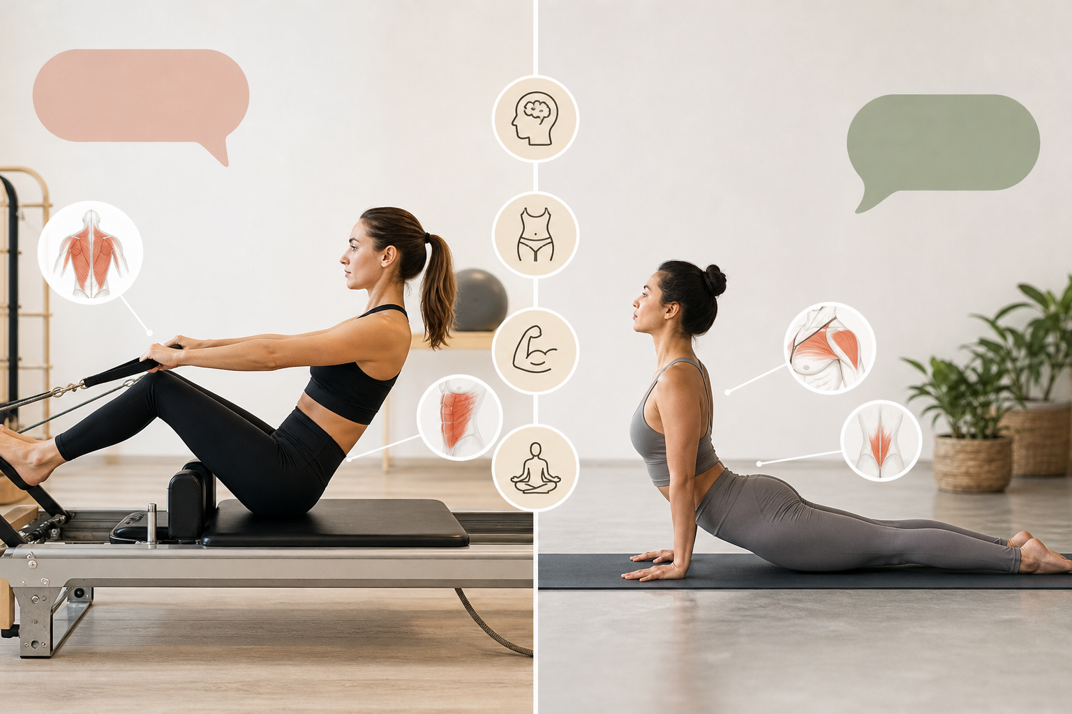 An infographic design with clear icons answering common Pilates questions. The image features a side