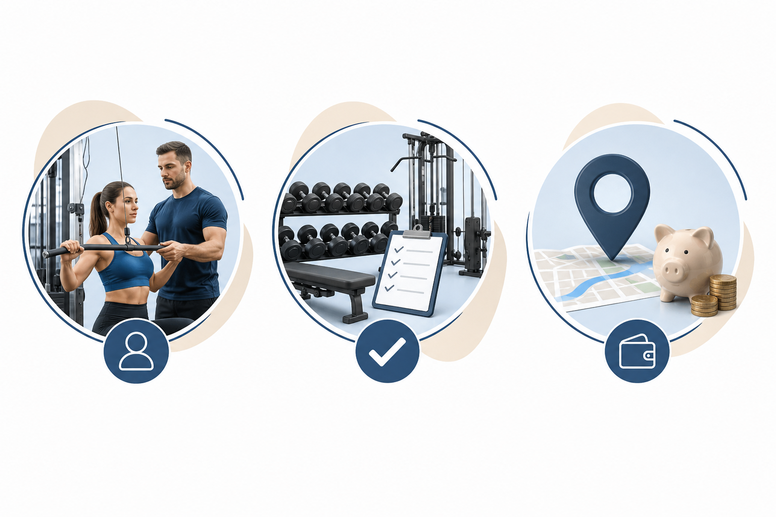 An educational infographic illustration showing 3 key icons or steps for choosing a fitness studio: