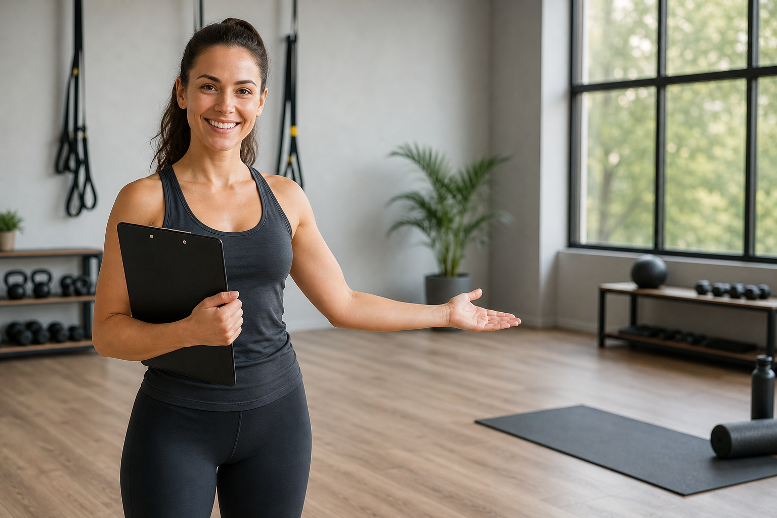 A friendly female fitness instructor character standing in a modern studio holding a clipboard, gest