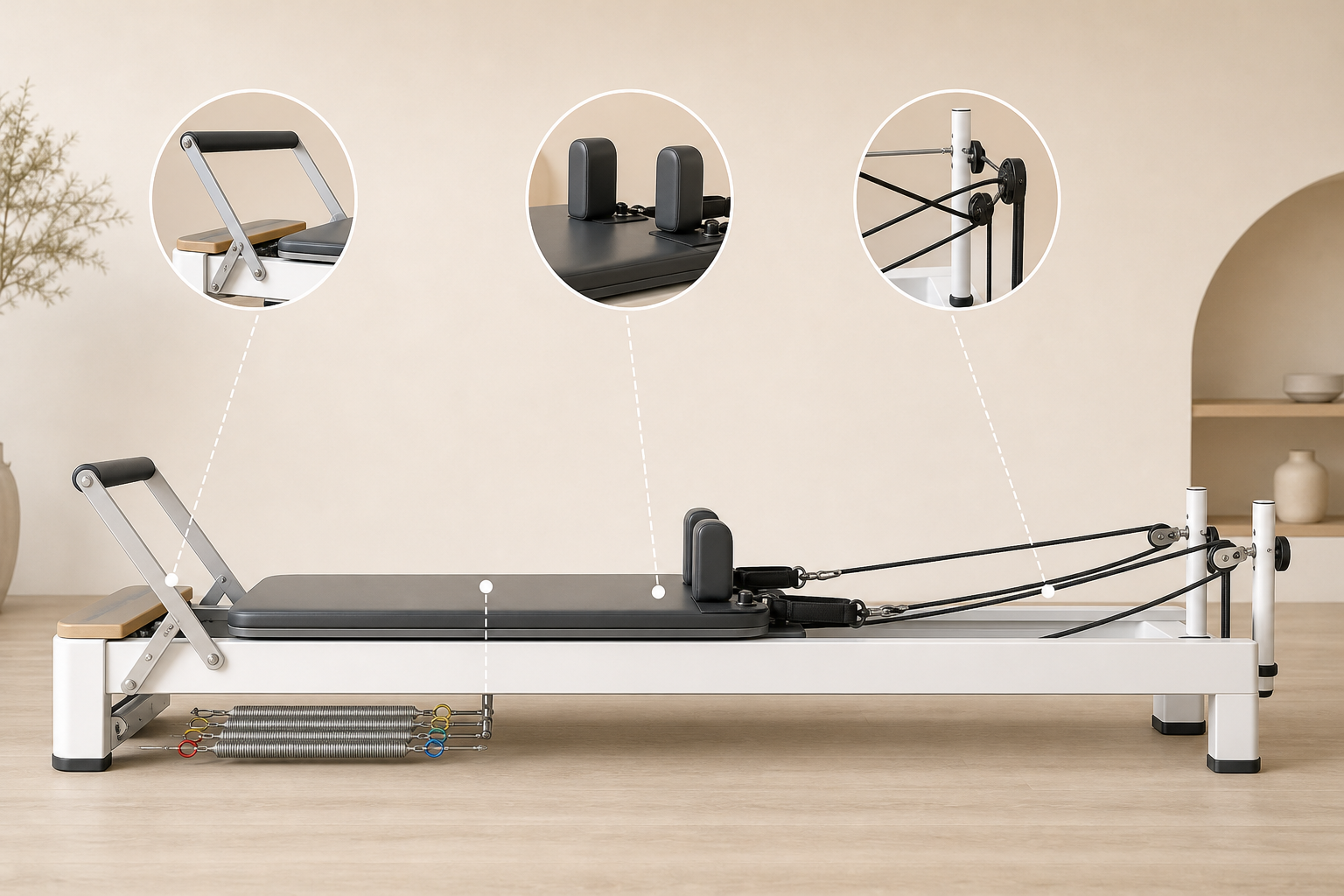 An educational illustration showing a Pilates reformer machine with various components labeled, show