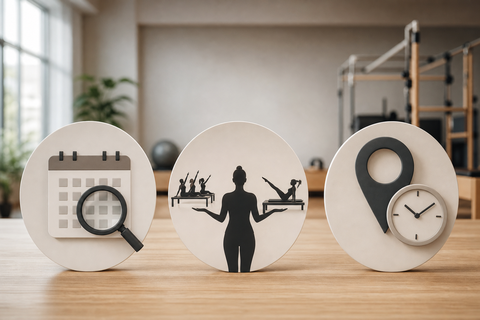 An illustration showing three simple steps or icons related to choosing a fitness studio: 1. A magni