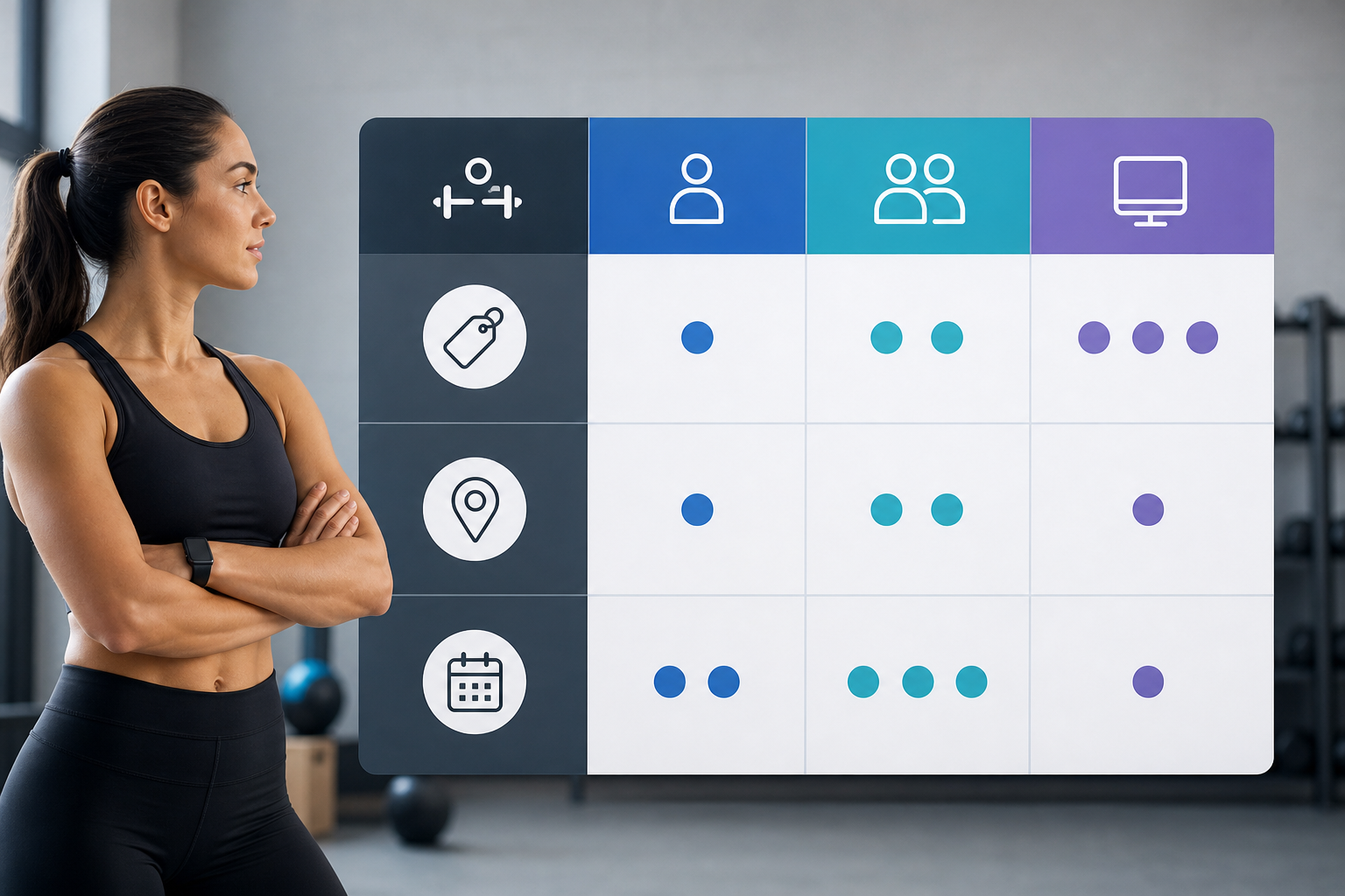 A professional infographic style table comparison, featuring icons for price, location, and session 