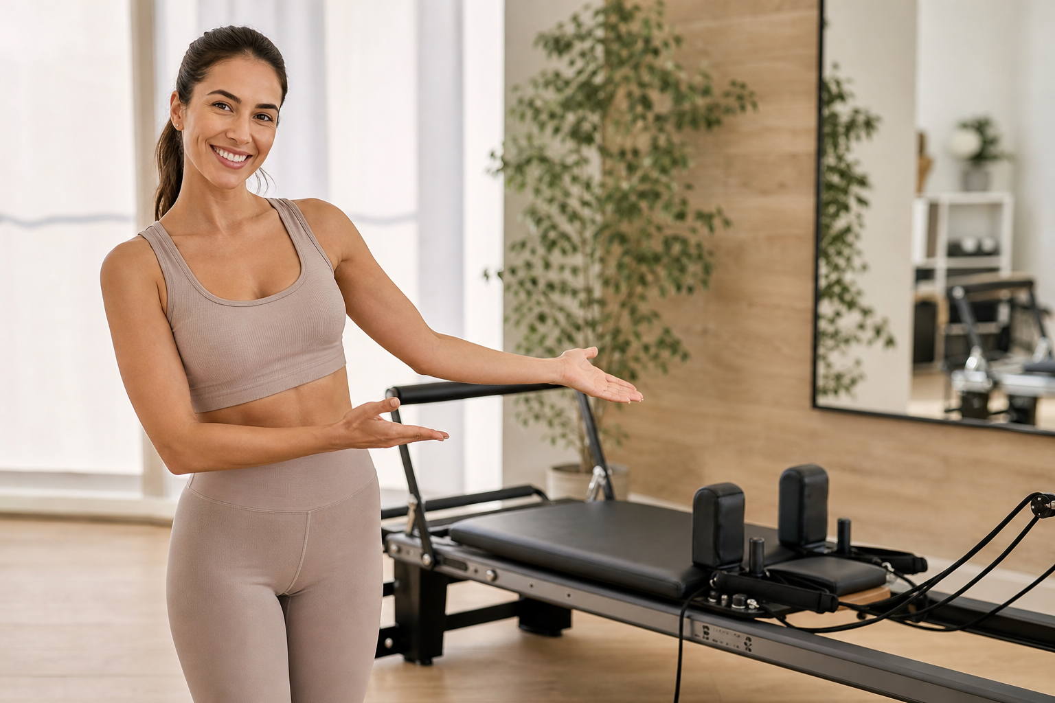A friendly Pilates instructor in a neutral-colored activewear standing next to a Pilates reformer ma
