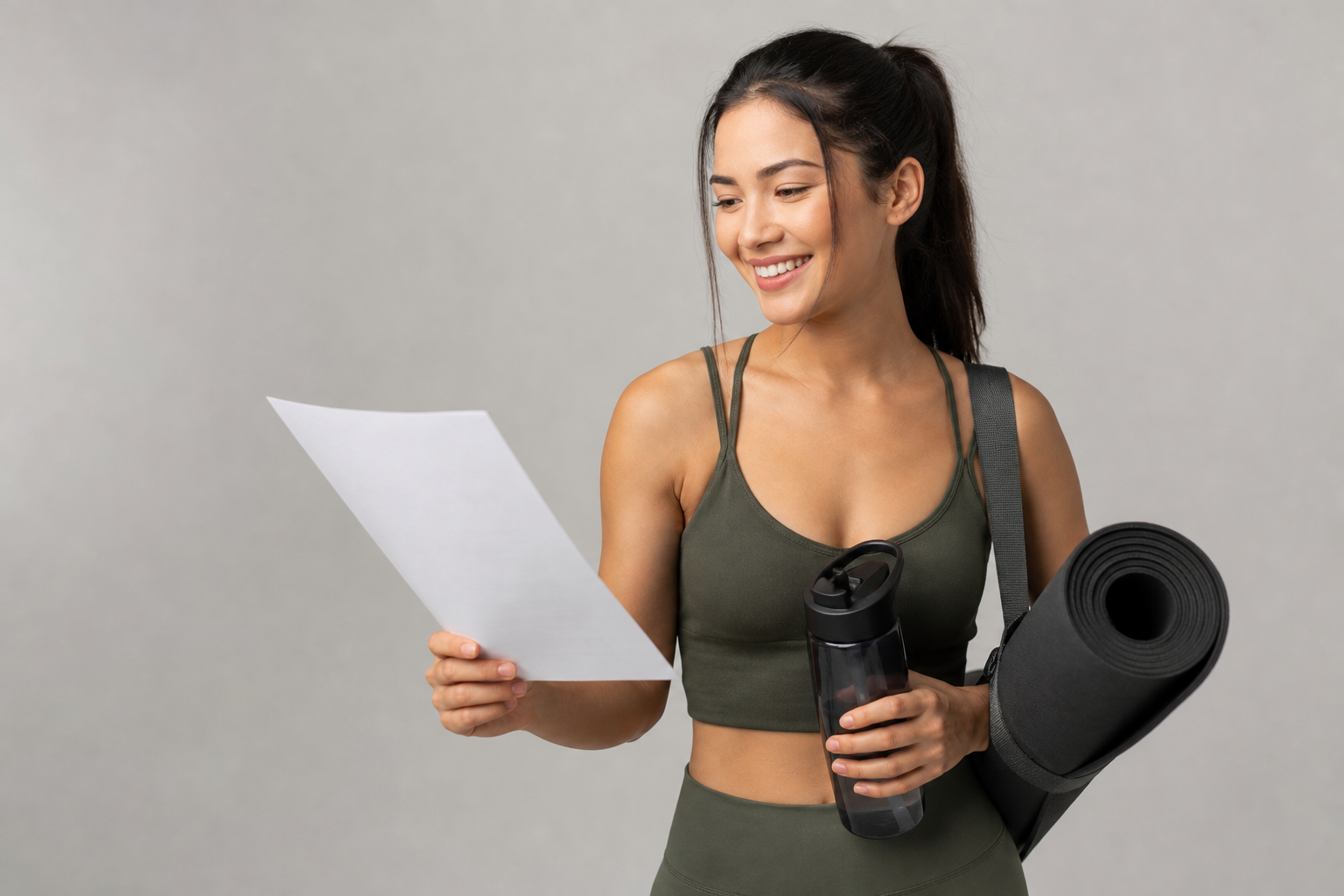 A helpful customer service concept image, a smiling person holding a yoga mat and a water bottle loo