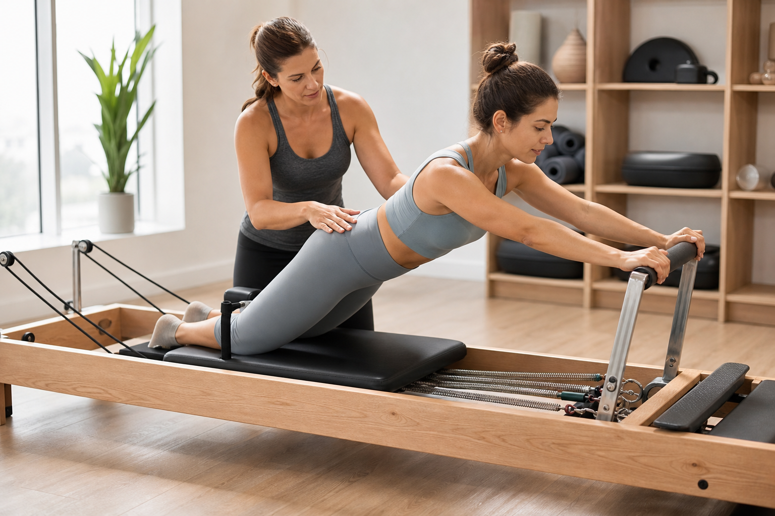 An informative illustration showing a person using a Pilates reformer machine with professional guid