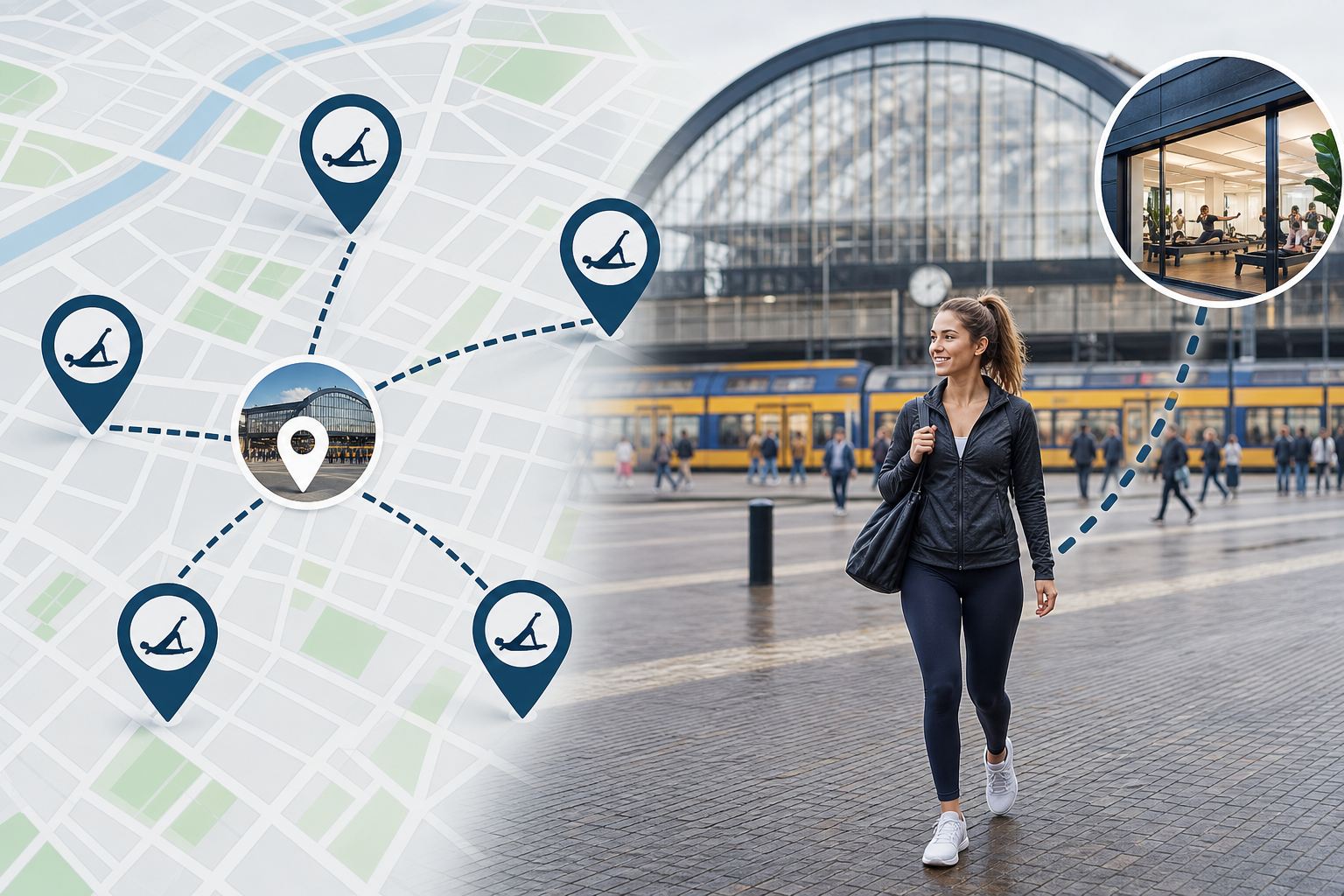A conceptual infographic showing a busy train station area map with pins marking different Pilates s