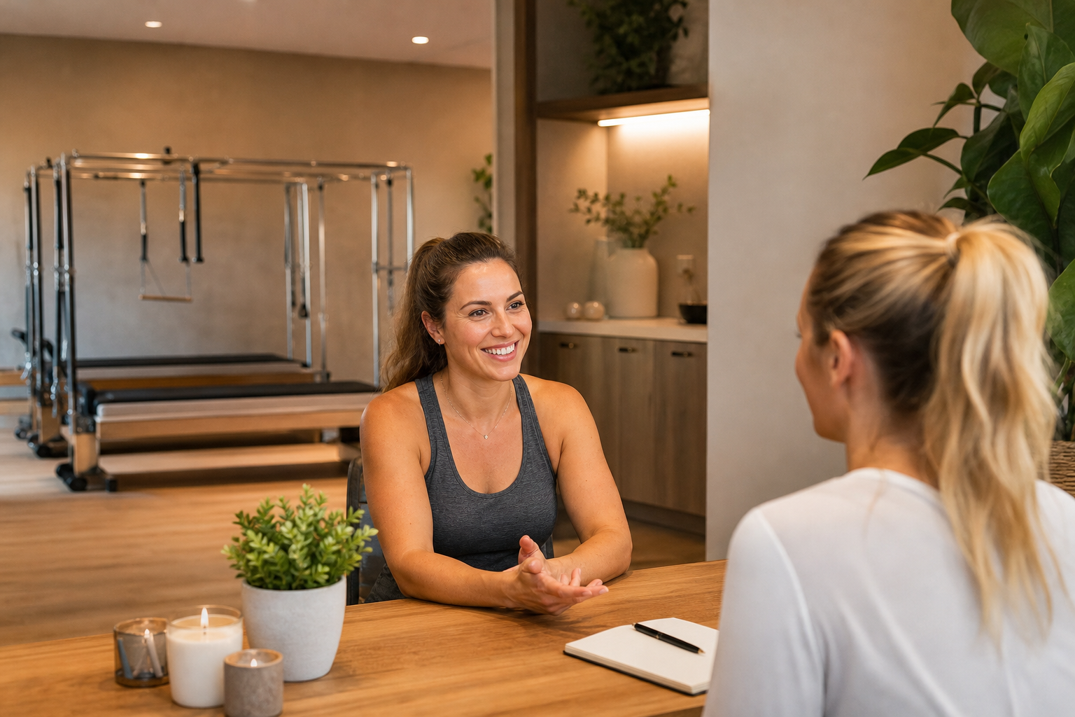 A warm and inviting interior shot of a Pilates studio reception area. A friendly instructor welcomin