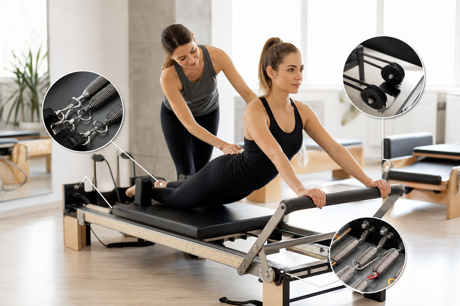 An illustration or professional photo of a person trying out a Pilates reformer machine for the firs