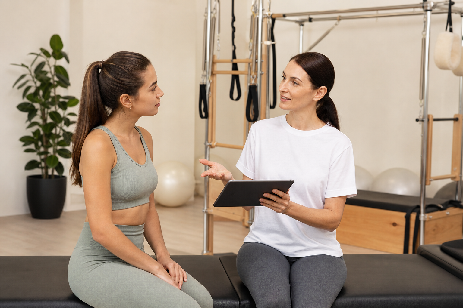 An illustration of a curious woman talking to a professional instructor in a studio, suggesting a co