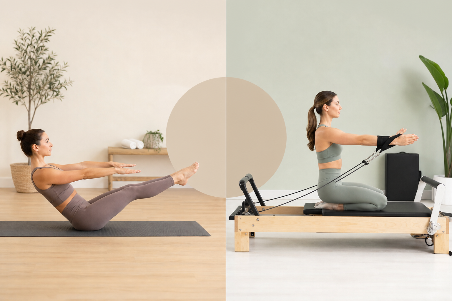 Side-by-side illustration comparing mat pilates and reformer machine pilates, showing the difference