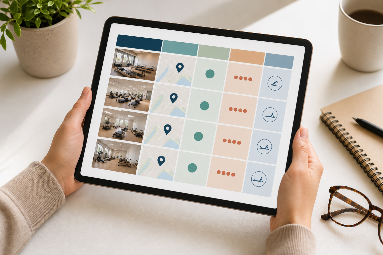 A clear, professional infographic layout displayed on a tablet screen, showing a comparison table of