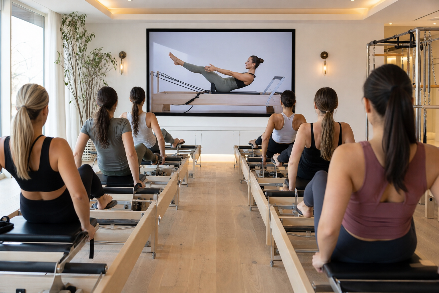 A stylish, bright Pilates studio space featuring a row of reformer machines. A female instructor is 