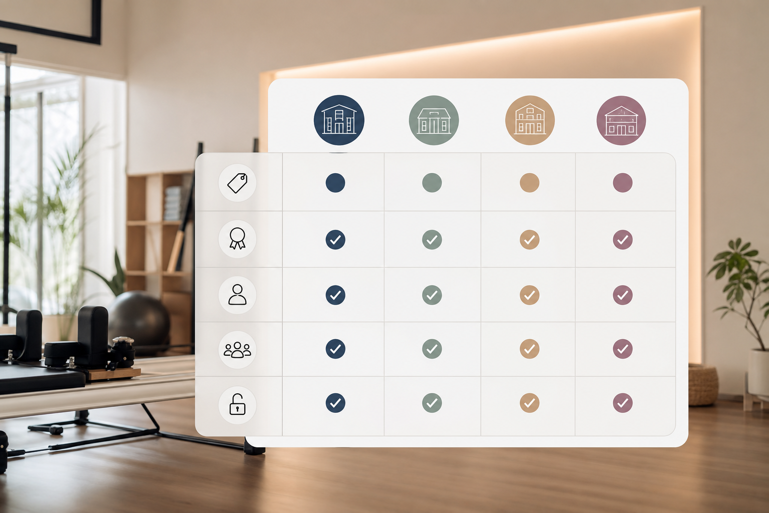 A clear, professional comparison table graphic design visualizing key metrics for pilates studios su