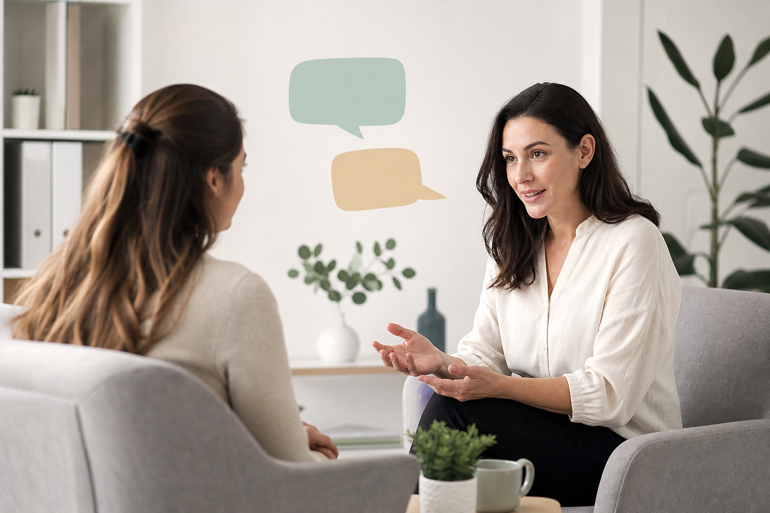 A concept illustration of a female instructor talking to a student in a casual, friendly manner, wit