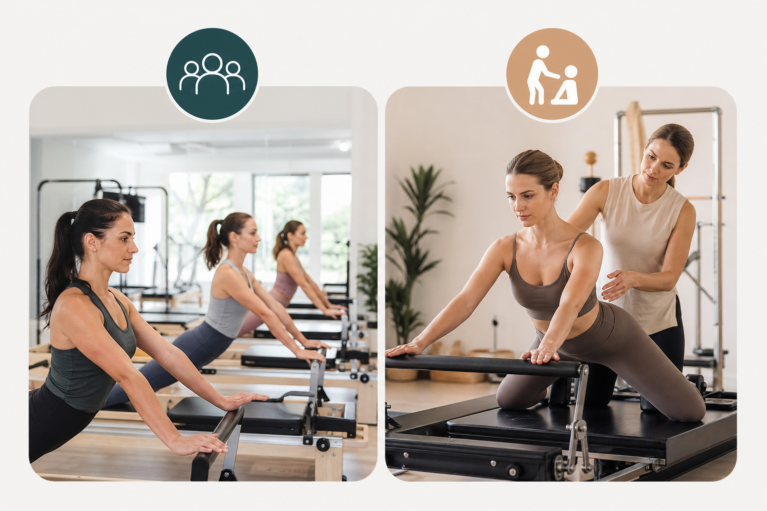 An infographic-style illustration comparing different types of pilates lessons, showing a group clas
