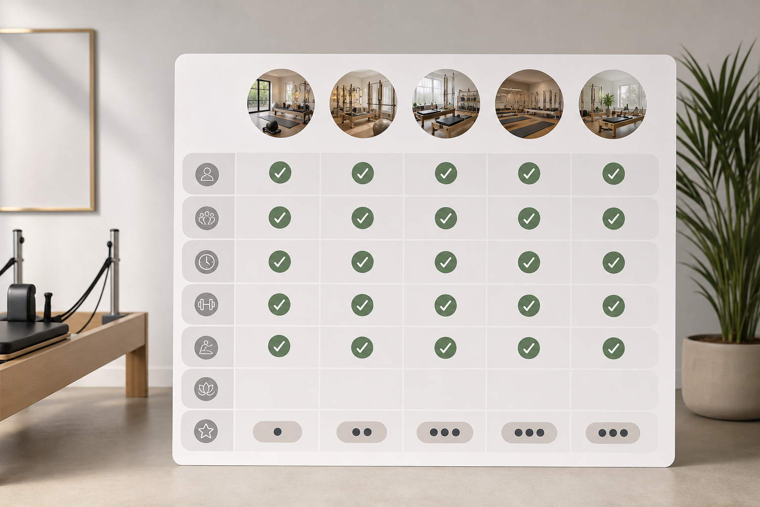 A professional and clean comparison table visualization for a Pilates studio review article. The ima