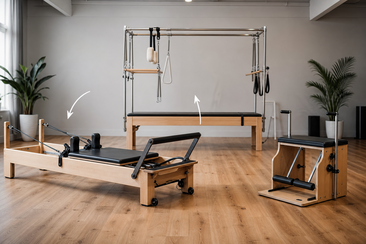 An illustration showing various professional Pilates equipment including a Reformer, Cadillac, and W
